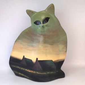 Vintage Ganz Hand Painted Cat Kitten Vase with Rural Landscape Farm Design